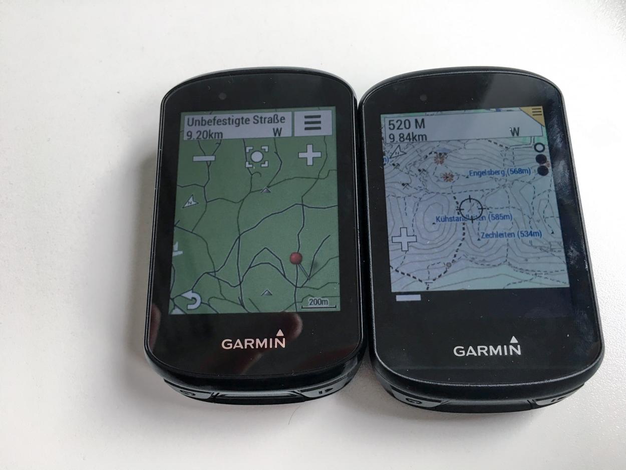 links die Original Garmin-Karte im Rennrad-Modus, rechts die OpenFietsMap Alps im MTB-Modus