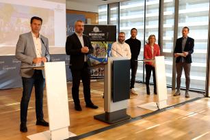 Nach den drei Elite-WMs in Villach, Salzburg und Innsbruck ist es nach Ansicht von Didi Tunkel (GF Burgenland Tourismus), Sportlandesrat Heinrich Dorner, OK-Chef Hannes Hessenberger, Ex-Radprofi Johnny Hoogerland und Bettina Zentgraf (Bürgermeisterin Mörbisch, v.l.n.r.) 2029 Zeit für Österreichs erste Amateur-WM.