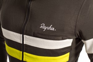 Designed specifically for rides in low light, the jersey has two high-visibility stripes around the chest, one in chartreuse, another in a perforated white Schoeller fabric. 